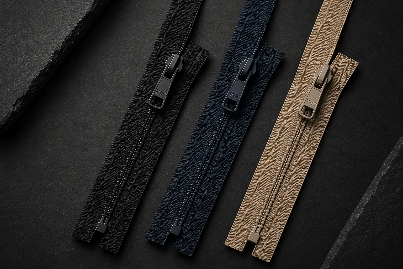 Nylon zippers arranged in multiple colours